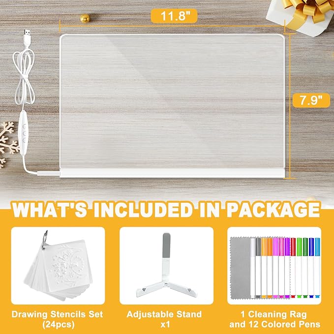 Lumiboard LED Drawing Board, Light Up Acrylic Dry Erase Board with 7 Colors, LED Note Board with Colors, LED Message Writing Board, Adjustable Stand & Drawing Stencils Set Included