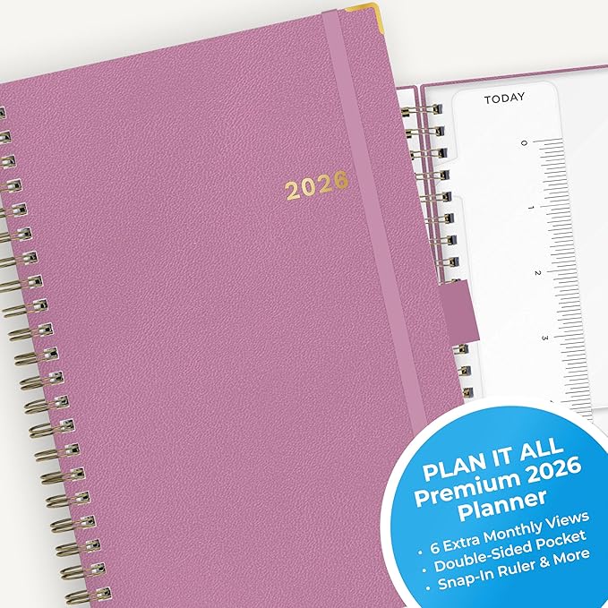 Blue Sky 2026 Weekly and Monthly Planner Calendar, January 2026 - December 2026, 5" x 8", Faux Leather Cover, Durable Twin Wire Binding, Storage Pocket, Laminated Tabs, Includes Pen Loop, Bungee, Ruler, Imperial Rose