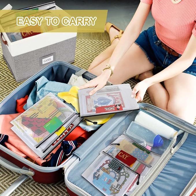 Board Game Organizer with 12pcs Zipper Bags and Writable Stickers, Storage with Lid for Office Supplies, Puzzles, Video Game, Craft Products