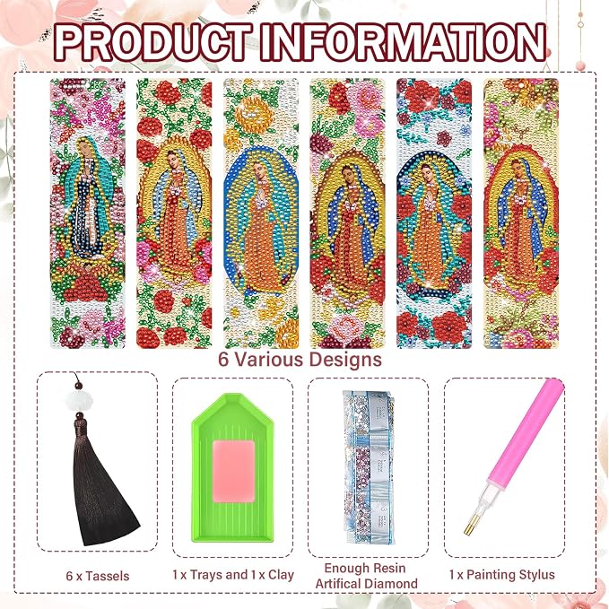 Religious Diamond Painting Bookmarks - 6 PCS Guadalupe Diamond Art Bookmarks Kit DIY Bookmark Christmas Christian Inspirational Gifts for Beginner Book Lover Adults Arts Craft Supplies