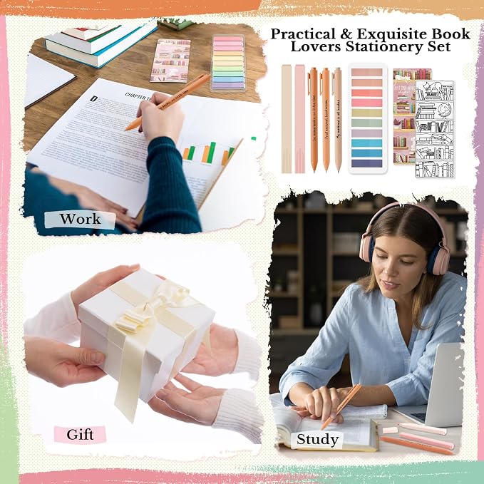 Spakon 7 Pcs Book Lovers Gifts for Readers Bookish Book Annotation Kit Aesthetic Pastel Highlighters No Bleed Gel Pens Reading Tabs Bookmark for Women Library Student Bible(Orange Series)