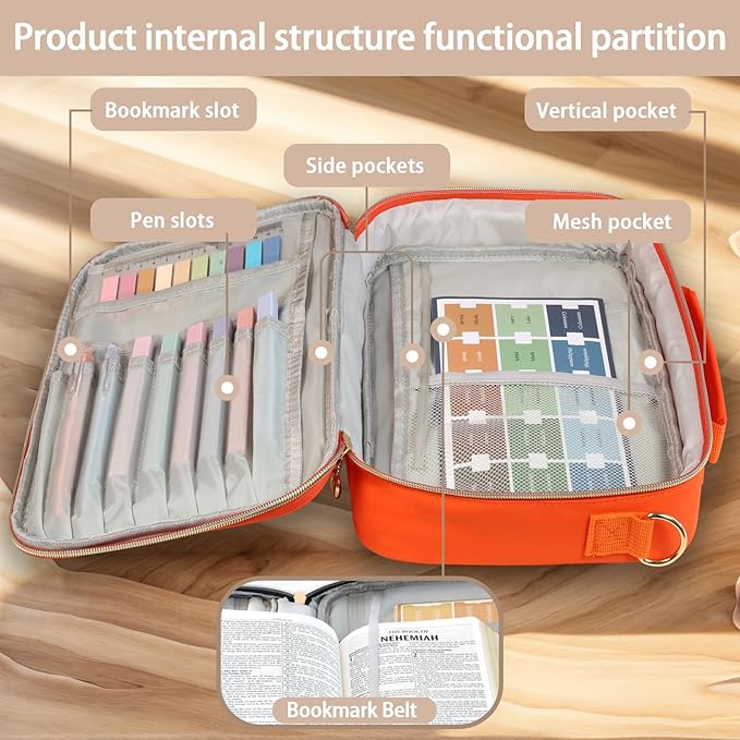 Bible Cover for Women Bible Case, Large Bible Bag, Bible Study Supplies Bible Journaling Kit Book Carrying Case with Bible Highlighters Tabs, Valentines Day Christian Gifts for Women (Orange)