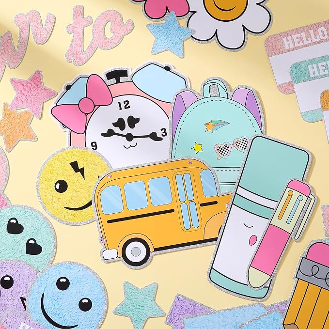 Mooliwe 94 Pcs Composition Notebook Classroom Decor Welcome Back to School Bulletin Board Set Checkered Classroom Decor Smile Face Stationery Paper Cutouts for First Day of School Wall(Boho Pastel)