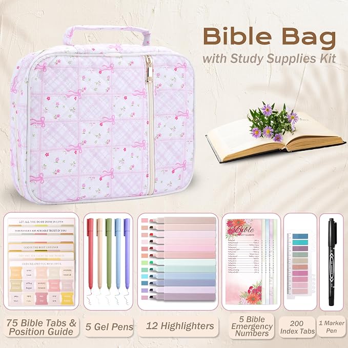 XKDOUS Bible Cover for Women Carrying Book Case with Zipper Pocket and Handle, Tabs, Study Supplies Organizer Quilted Bible Bags Floral Pattern Large Book Carrier