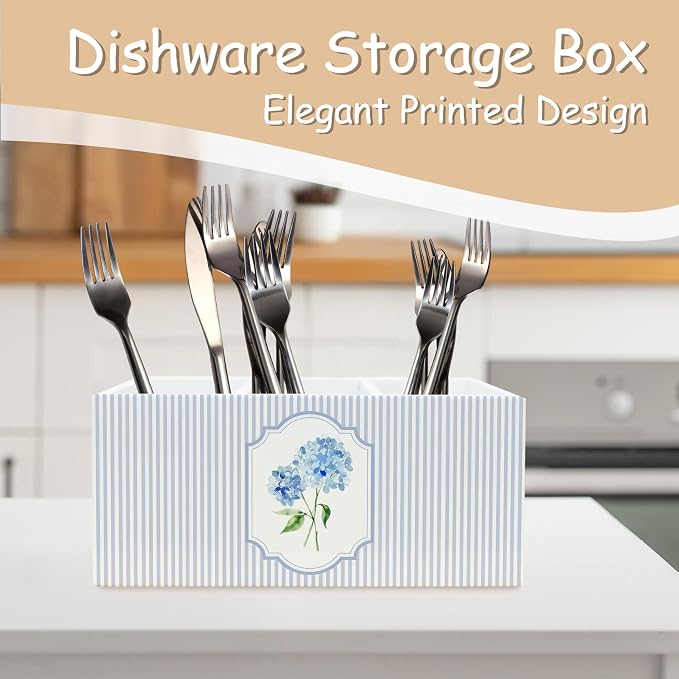 Blue Hydrangea Pen Pencil Holder Organizer for Desk, Blue and White Striped Floral Cottagecore Wooden Box Block Sign for Home Office Tabletop Decor