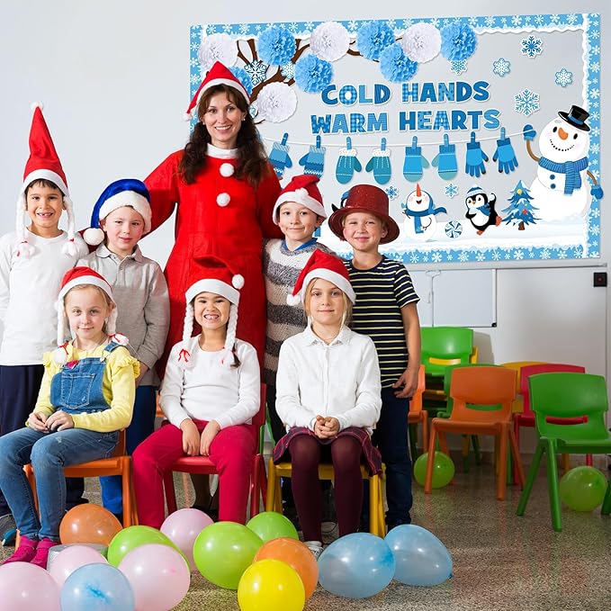 Gilprop 127 Pcs Winter Bulletin Board Set 3D Winter Tree Bulletin Board Decorations with Paper Pom Poms Snowman Penguin Snowflake Gloves Cold Hands Warm Hearts Cutouts for School Classroom Supplies