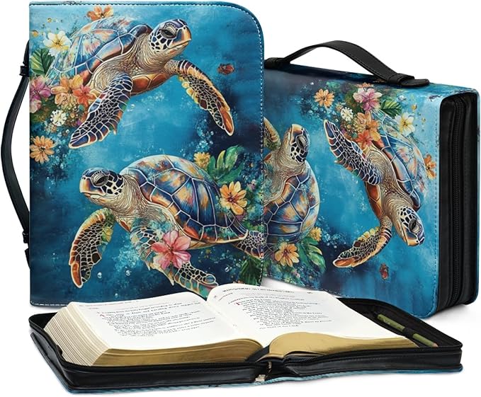 Sea Turtle Bible Cover Case for Women Girls Blue Sea Bible Cases Bible Study Accessories Supplies Bibles Holder Case Bibl e Bag-Size M
