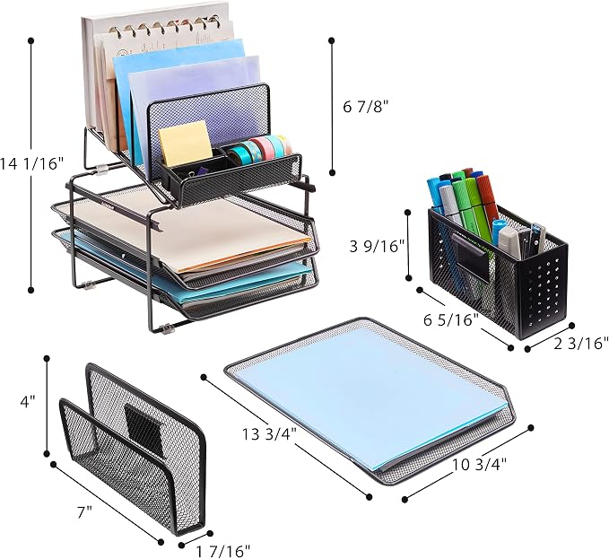 DESIGNA Stackable Mesh Desk Organizer with 3 Sliding Letter Tray Drawers, 4 File Holders Sorter Section, 2 Side Compartments, Pencil Holder Non-slip All In One Desktop Organizers Office Storage, Black