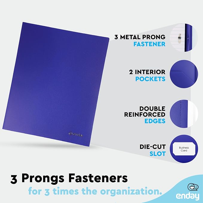 Plastic Folders with Pockets and Prongs Blue, Two Pocket Folder with Brads, 3 Prong Folders with Pockets for Letter Size Sheets, Also Avail in Purple, Black, Green, Yellow, Orange, 6 Pc –by Enday