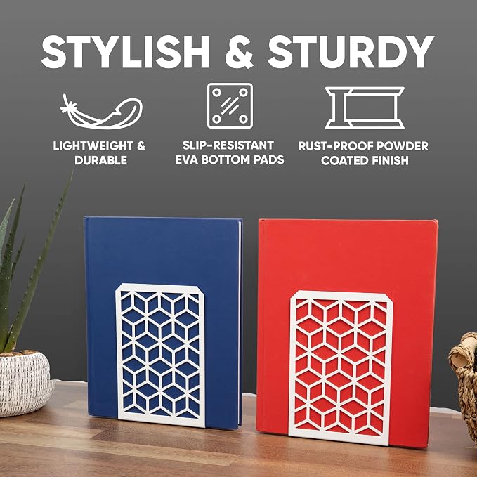 Geomod 3D Cube White Metal Bookends Decorative for Heavy Books - Sturdy Boho Book Stops - Minimal Book Shelf Stopper - Durable Office Bookends - Weighted Metal Book Holders - 7x4.75 Inches - 2 Pair