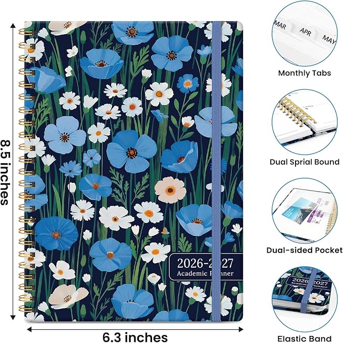 Planner 2026–2027, Academic Planner Weekly and Monthly Calendar Jul 2026 – Jun 2027 Hardcover Planner with Tabs and Pocket, Spiral Bound Agenda Book for Student & Teacher, 6.3" x 8.5", Blue Poppies