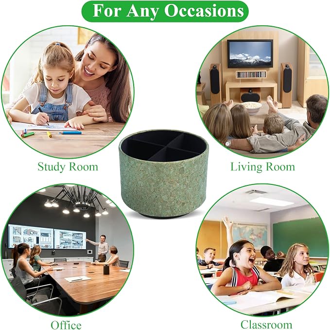 Round Leather Art Supply Organizer,Remote Control Holder,360 Degree Spinning,Multi-Functional Pencil Holder,4 Compartments Desktop Stationary Organizer(1-Soft Green)