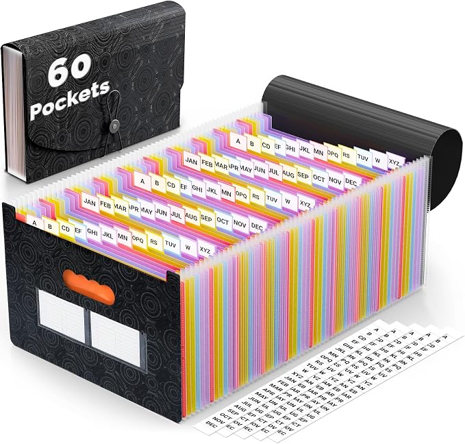 AFMAT Accordion File Organizer, 60 Pockets Expanding File Folder w/Labels, Expandable Letter/A4 Size File Folder for Bill Tax Receipt, Portable File Organizer for Home Office School AF11BK