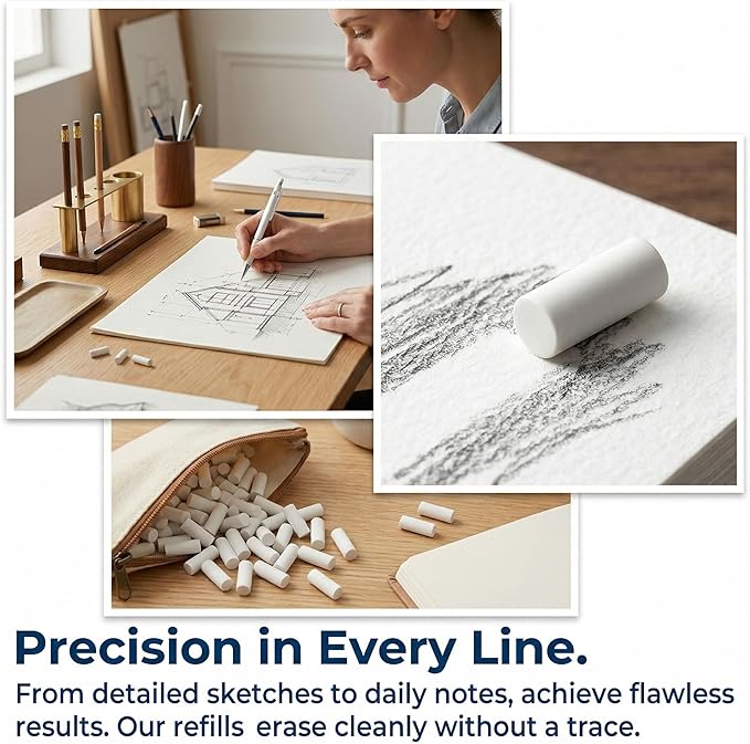 50pcs Mechanical Pencil Eraser Refills, Eraser Pen Refills Replacement for Propelling Pencils, Universal Traceless Correction Supplies for Writing- White