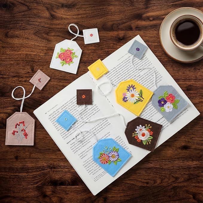 Honoson 6 Pcs Simple Tea Bag Bookmarks Tea Party Favors Floral Design Mother's Day Gift Bookmarks Cute Hand Embroidered for Women Mom Book Reading Lovers Spring Party Gift