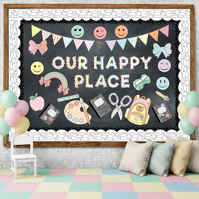 Mooliwe 94 Pcs Composition Notebook Classroom Decor Welcome Back to School Bulletin Board Set Checkered Classroom Decor Smile Face Stationery Paper Cutouts for First Day of School Wall Door(Modern)