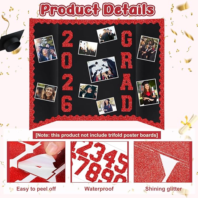 Red 175 Pcs Graduation Photo Display Board Sticker Glitter Border Trim Alphabet Letter Number for 2026 Grad Party Trifold Poster Photo Display Science Fairs Event Displays Bulletin Board