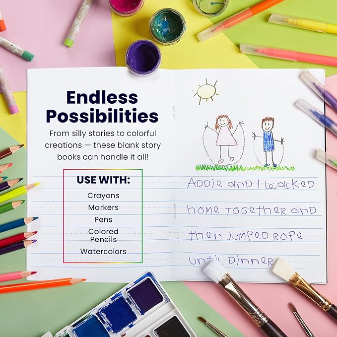 Hygloss Half Blank Books for Kids to Write Stories and Illustrate – Bulk 100 Pack – 5.5" x 8.5" A5 – Small Primary Journal for Grades K-2, Preschool/Kindergarten Notebook with Picture Space – 24 Pages