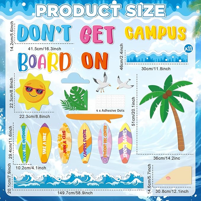 Summer Bulletin Board Set Summertime Classroom Decoration Don’t Get Board on Campus Bulletin Boards Hawaiian Theme Tropical Surfboard Beach Paper Cutouts for Summer School Home Chalkboard Wall Decor
