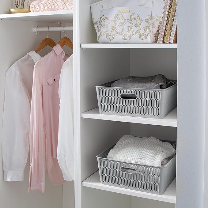 Simplify 4Pk Shallow Slide 2 Stack It Tote Basket | Storage & Organization | Open Bins with Stackable Capability | Bathroom | Crafts | Pantry | Playroom | Office | Grey (KIT-25933-GREY-4PK)