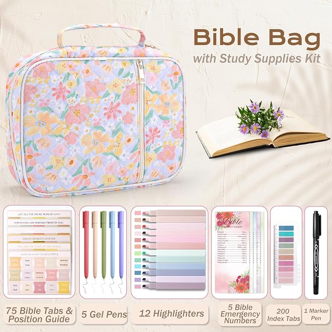 XKDOUS Large Bible Bags Floral Bible Cover with Durable Handle, Tabs, Pens, Study Supplies Carrier Organizer, Church Book Carrying Case Christian Gifts for Mom Women Lady