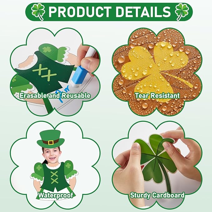 St. Patrick's Day Bulletin Board Decorations Set Leprechaun DIY Photo Craft Cutouts Green Lucky Shamrock Rainbow Irish Classroom Decoration for Holiday Party School Home Office Chalkboard Wall Decor