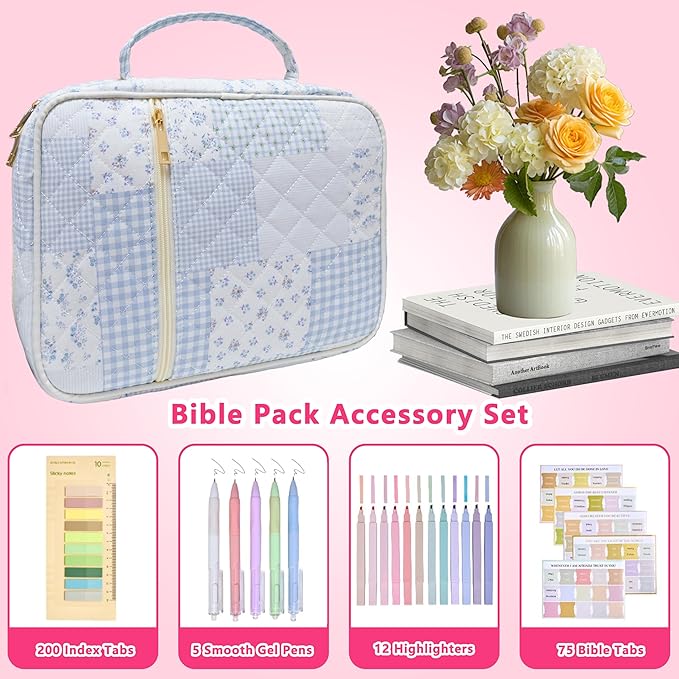 Bible Cover for Women, Large Quilted Case with Handle, Durable Bag and Carrying Case for Girls, Study Supplies Accessories, Christian Gift for Women (Blue Spliced Flower, Large-Bag Set)