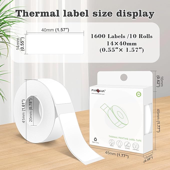 PARLAIM 10 Rolls D30 Label Tape, Pre-Cut Self-Adhesive Label Tapes, 0.55 x 1.57 Inch (14 X 40mm) Square Thermal Label Sticker for Portable Printer, 1600pcs White Labels