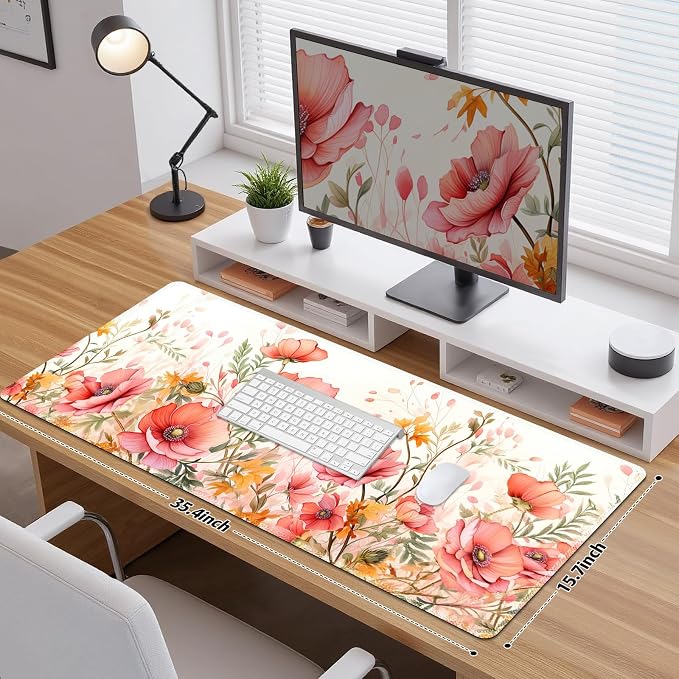 XXL Desk Pad Mouse Pad, Large Gaming Mouse Mat with Stitched Edges, Non-Slip Waterproof Rubber Base Mous Mat for Office Computer Keyboard Laptop Home Decor Women (35.4X17.5 in), Coral Flowers