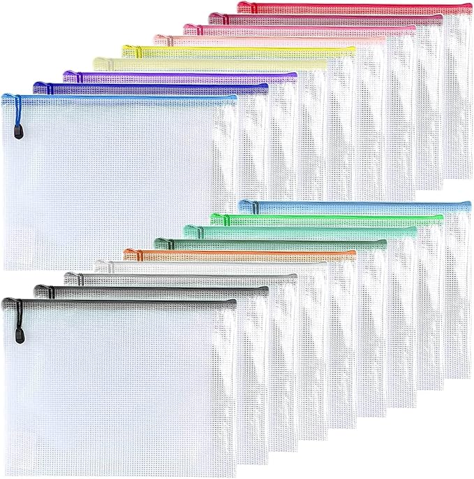 Oaimyy-18PCS-7 x 11" Mesh Zipper Pouch, Plastic Zip File Folders Puzzle Bags Large Reusable Zipper Pouches for Organizing Classroom Board Game Organization,Home Storage-(Multicolor)