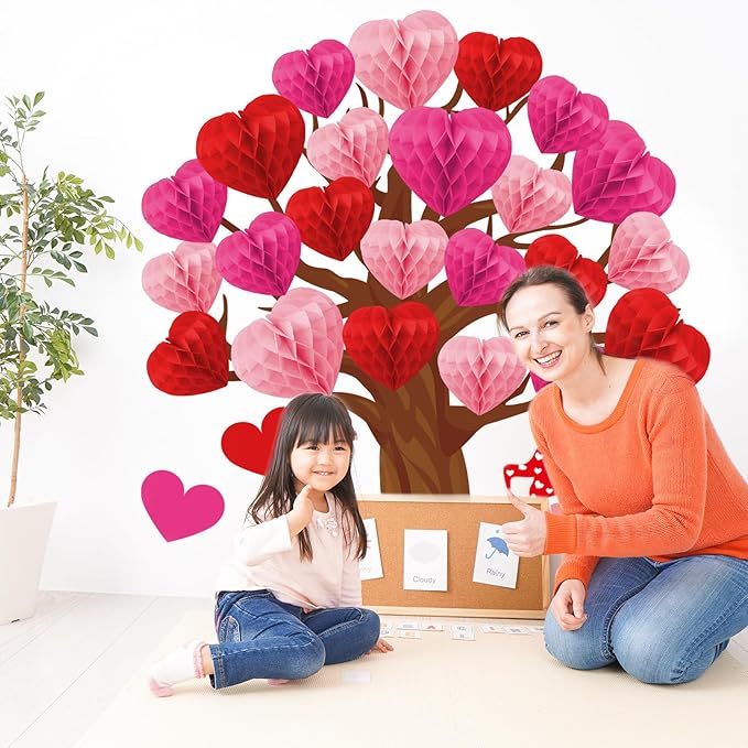 JarThenaAMCS 50Pcs Valentine's Day Bulletin Board Set Classroom Decoration 3 Colors Heart Honeycomb Tree Love Gnome Paper Cutouts with Glue Points for School Wall Door Wedding Anniversary Supplies