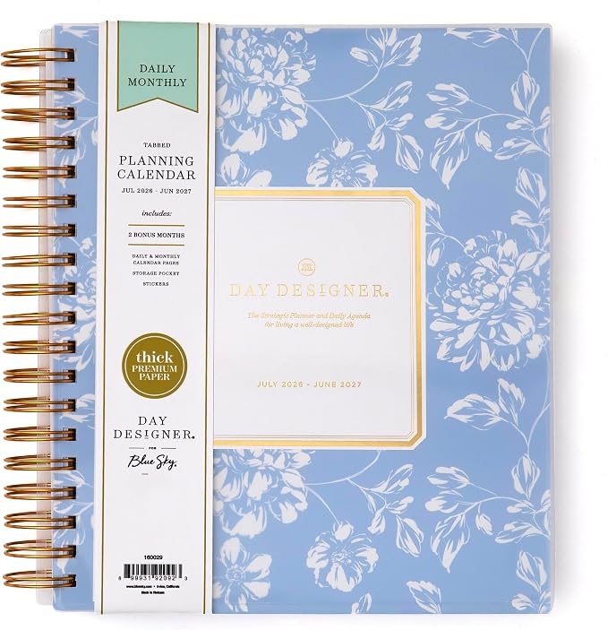Blue Sky Day Designer 2026-2027 Daily and Monthly Academic Year Planner Calendar, July 2026 - June 2027, 8" x 10", Flexible Cover, Laminated Tabs, Storage Pocket, Includes Stickers, Annabel