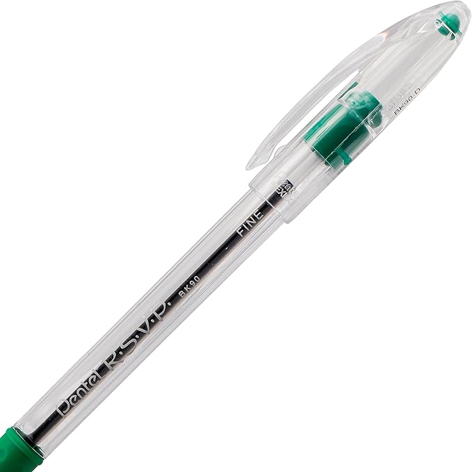 Pentel RSVP Ballpoint Pen, (0.7mm) Fine Line, Green Ink, Box of 12 (BK90-D)