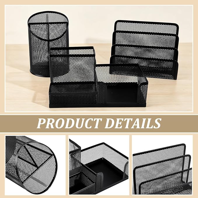 3PCS Metal Office Supply Desk Organizer Mesh Pen Holder with 3 Compartments Round Black Pencil Holder Mesh Mail Organizer Bill/Letter Organizer Desk Organizers for Office Home School