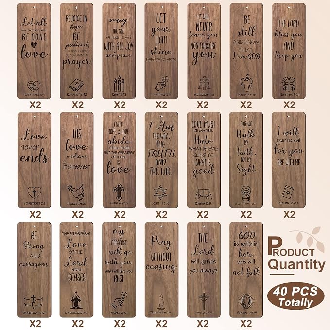 40 Pieces Wooden Christian Bookmarks Baptism Party Favors Father's Day Church Gifts Bulk Religious Bible Verse Scripture Bookmarks Catholic Gifts for Boys Girls Women Men