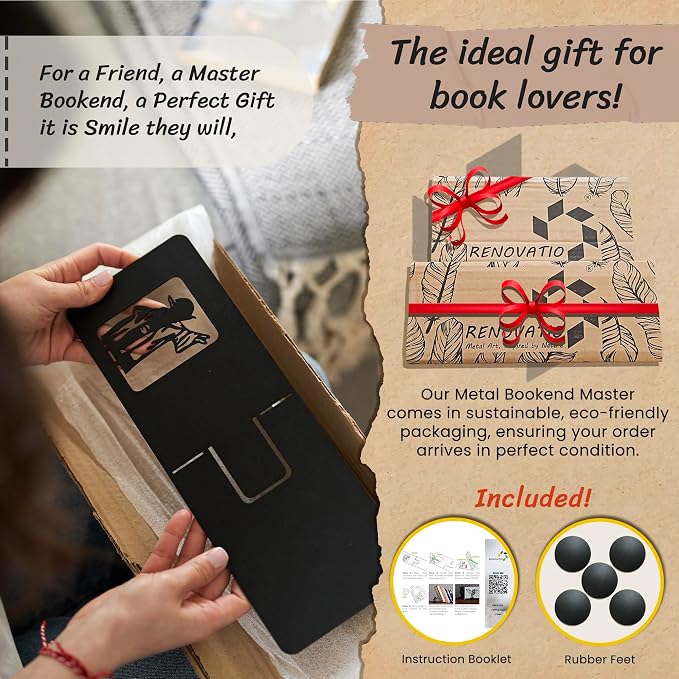 Renovatio Black Metal Bookend – Cute, Unique, Geeky Decor for Home, Office & Kids Room – Heavy Duty, Non-Slip Minimalist Bookends for Shelves – Master