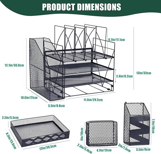 Desk Organizers and Accessories with File Holder, 4-Tier Mesh Paper Letter Tray Organizer with Drawer, 2 Pen Holders and 4 File Sorters, Desktop Organizer for Office Supplies