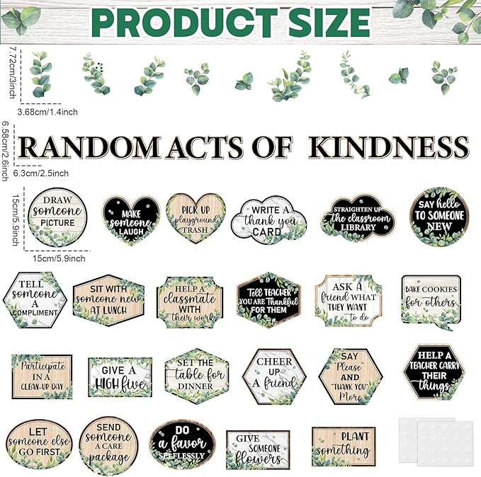 QOUBAI Greenery Random Acts of Kindness Bulletin Board Set Eucalyptus Classroom Bulletin Board Decorations Kindness Challenge Cutouts Classroom Decorations for Back to School Office Chalkboard Decor