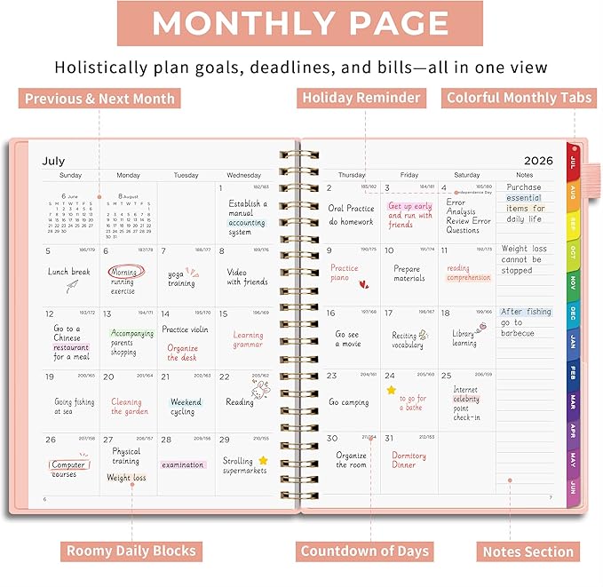 EMSHOI Academic Planner 2026-2027, Large A4 8.5x11, Weekly and Monthly Calendar (July 2026-June 2027), School Student Teacher Agenda Book, 100GSM Thick Paper, PVC Cover, Colorful Tabs, Pink
