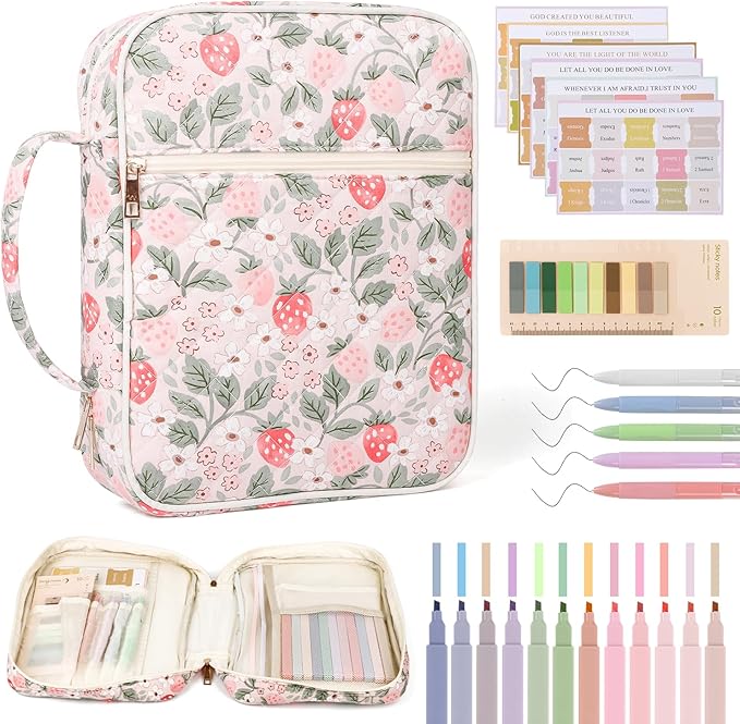 Bible Cover Case for Women Large Quilted Bible Carrying Bag with Handles Bible Study Supplies & Accessories Christian Gifts for Women(Strawberry Garden, M)
