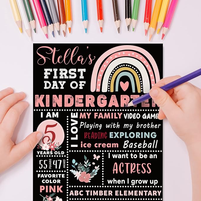 Whaline First and Last Day of School Chalkboard Cute Double-Sided Board Sign Back to School Boho Rainbow Flower Reusable Erasable Photo Prop for Students from Pre-K to College, 13.8 x 9.8 Inch