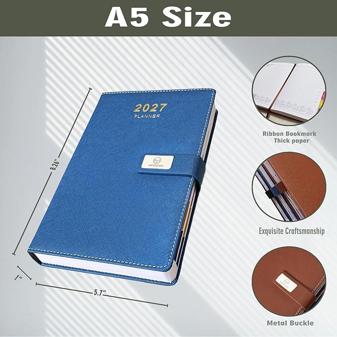 2027 Daily Planner – One Page Per Day, 12-Month Calendar (Jan–Dec 2027), Hourly Appointment Book, 5.7" x 8.26" Leather Cover, Thick Paper – Hourly, Daily & Monthly Organizer (Blue)