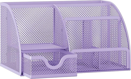 EasyPAG Mesh Desk Organizer with Drawer Multi-functional Pen Holder Stationery Organizer for Office School Supplies 6 Compartments Dorm Organizers and Storage for Desk, Light Purple