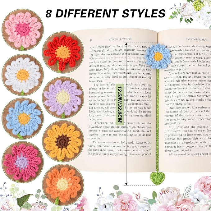 Yuboo 8 Pack Crochet Flower Bookmarks for Women, Daisy Flower Handmade Personalized Cute Funny Girly Birthday Book Marks for Reading, Gifts for Book Lovers Girls Teachers