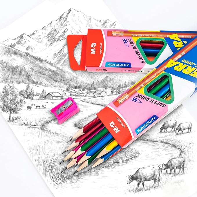 M&G Terra Series 24 Pack HB Triangular Wood-Cased Pencils, Unsharpened with Matching Erasers, Smooth Writing Break-Resistant Core, 6 Solid Metallic-Tone Colors for School Office Classroom Supplies