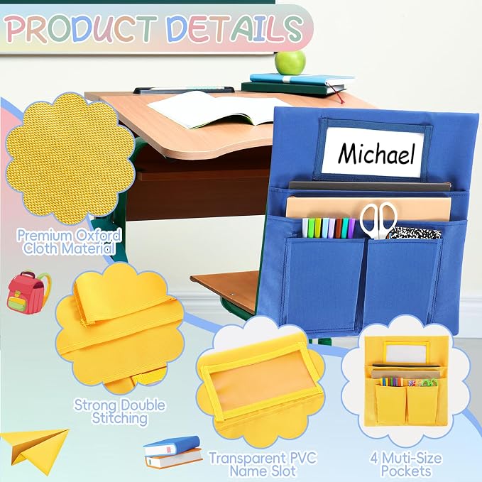 gisgfim 12 Pcs Small Chair Pockets for Classroom 13 x 14 Inch Bag with Name Tag Multi Pockets Chairsback Pouch Organizer for Student Kindergarten Elementary Daycare (Dark Earth)