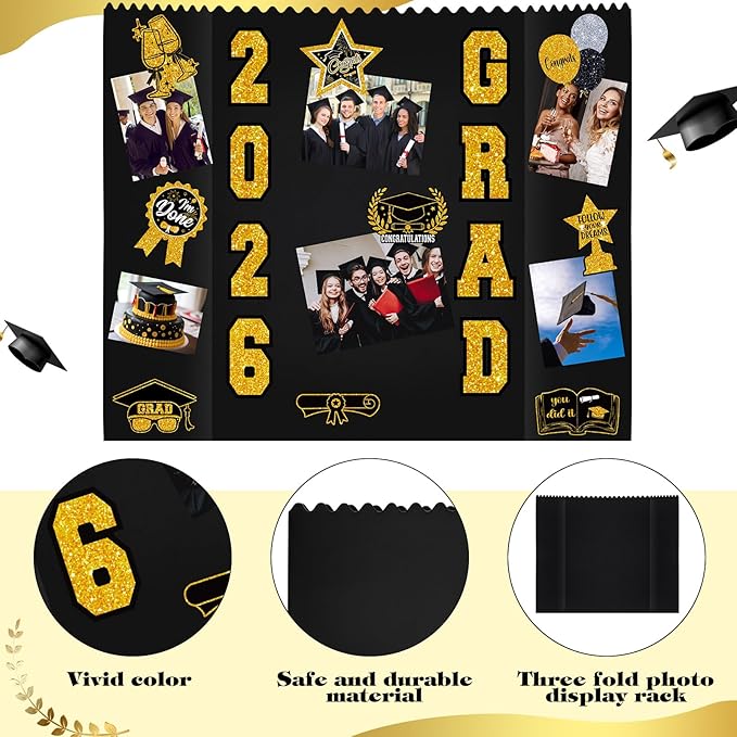 AmazingSpark 2 Sets Graduation Photo Display Board Trifold Poster Board with 12 Graduation Themed Stickers for 2026 Grad Party Decoration Picture Collage Frame Supplies (40 x 28,Black Gold)