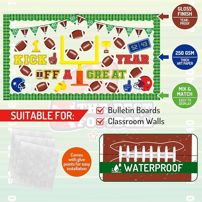 Whaline 86 Pcs Football Bulletin Board Decoration Kick Off A Great Year Paper Cutouts with 200 Pcs Glue Points for Sports Event Rugby Party Classroom
