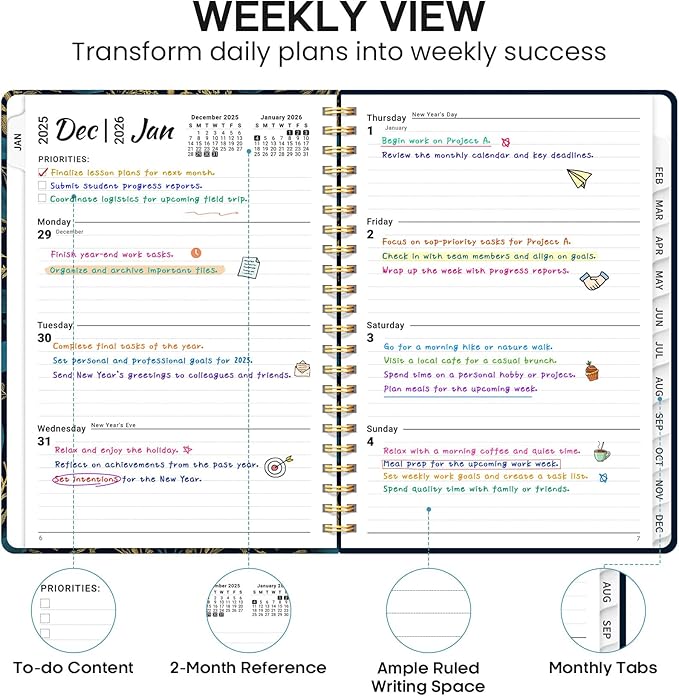 2026 Planner, Weekly and Monthly Calendar Planner Book, January 2026 - December 2026, Hardcover Spiral Planner with Monthly Tabs, Notes Pages, Perfect for Women & Men, A5 (6.4" x 8.5") - Midnight