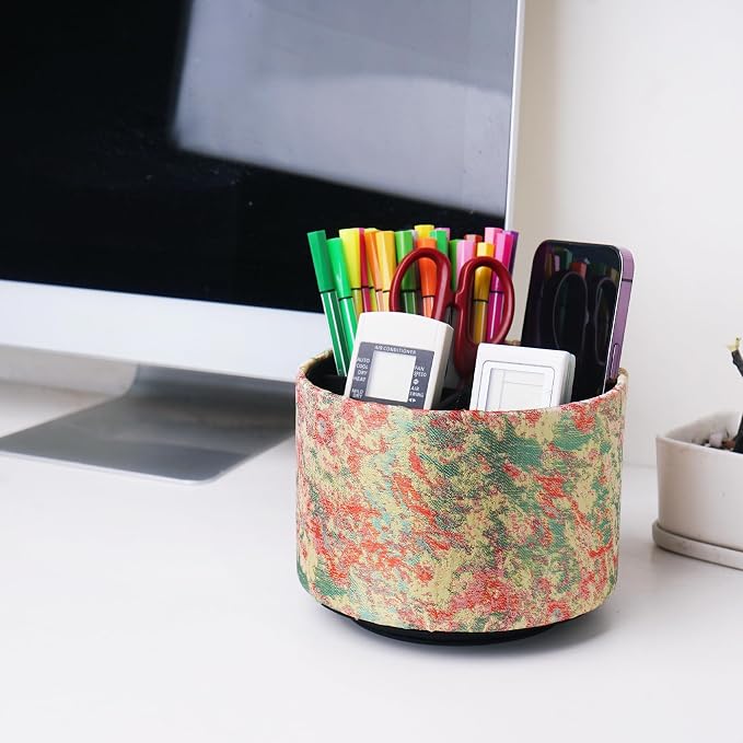Round Leather Art Supply Organizer,Remote Control Holder,360-degree Rotating Pen Organizer with 4 Compartments(1-Painting White)